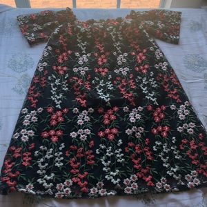 off the shoulder floral embroidered black dress